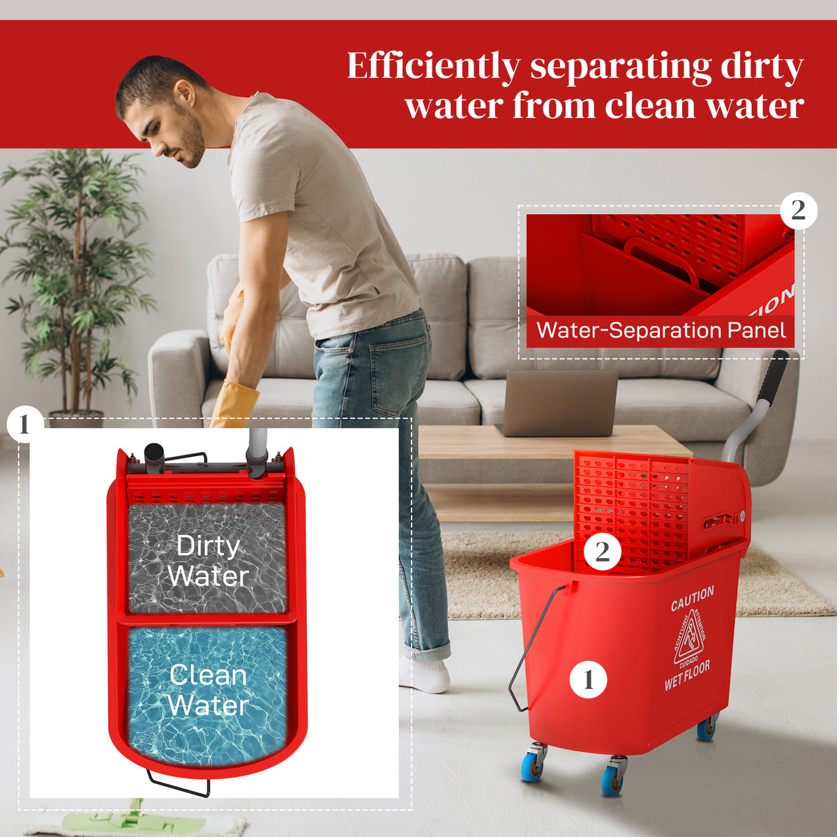 Compact Mop Bucket with Wringer, Mop Bucket on Wheels, 5 Gallon, Separate Dirty and Clean Water, Yellow – view 25