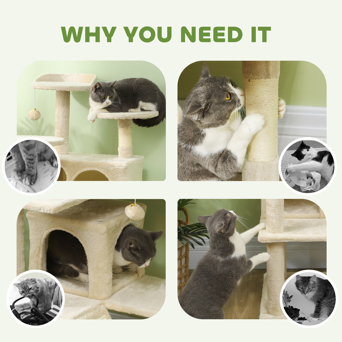 54" Cat Tree, Multi-Level Cat Tower with Scratching Posts, Cat Condos, Bed, Platforms, Ramp, Toy Ball, Beige – view 5