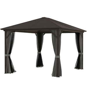 10' x 12' Deluxe Hardtop Gazebo with Metal Roof, Aluminum Frame Patio Gazebo Garden Sun Shelter Outdoor Pavilion with Curtains and Netting, Grey