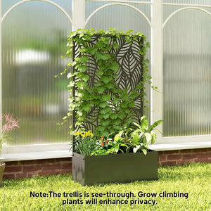 Metal Planter Box with Trellis, 44.5" Raised Garden Bed with Trellis Privacy Screen for Climbing Plants, Leaves Cut-Out