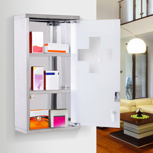 Wall Mount Medicine Cabinet, Bathroom Cabinet with 3 Tier Shelves, Stainless Steel Frame and Glass Door, Lockable with 2 Keys, Silver, 12" x 23.5"