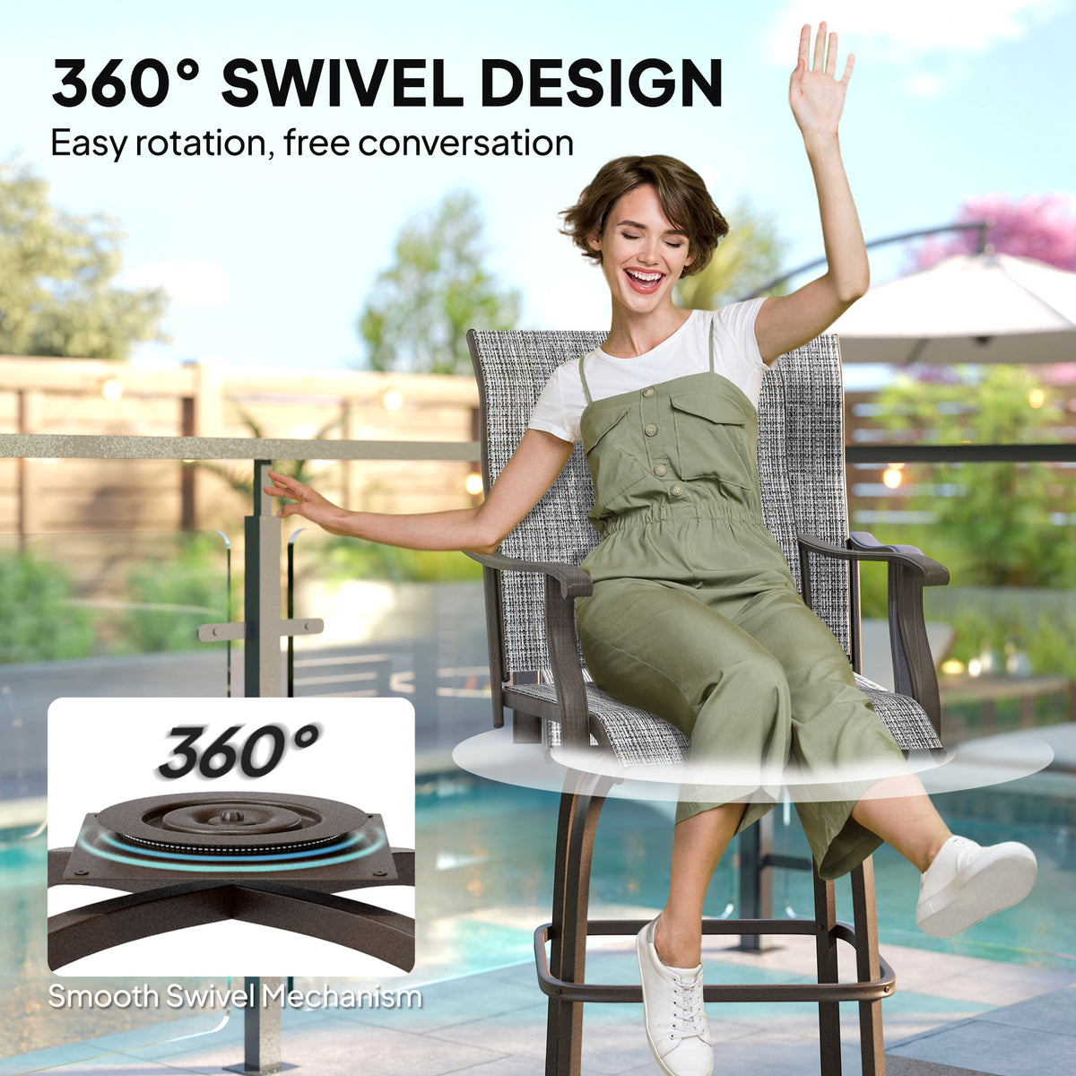 Outdoor Bar Stools Set of 2, Swivel Bar Height Chairs with High Back, Curved Armrests and Steel Frame, Black – view 17