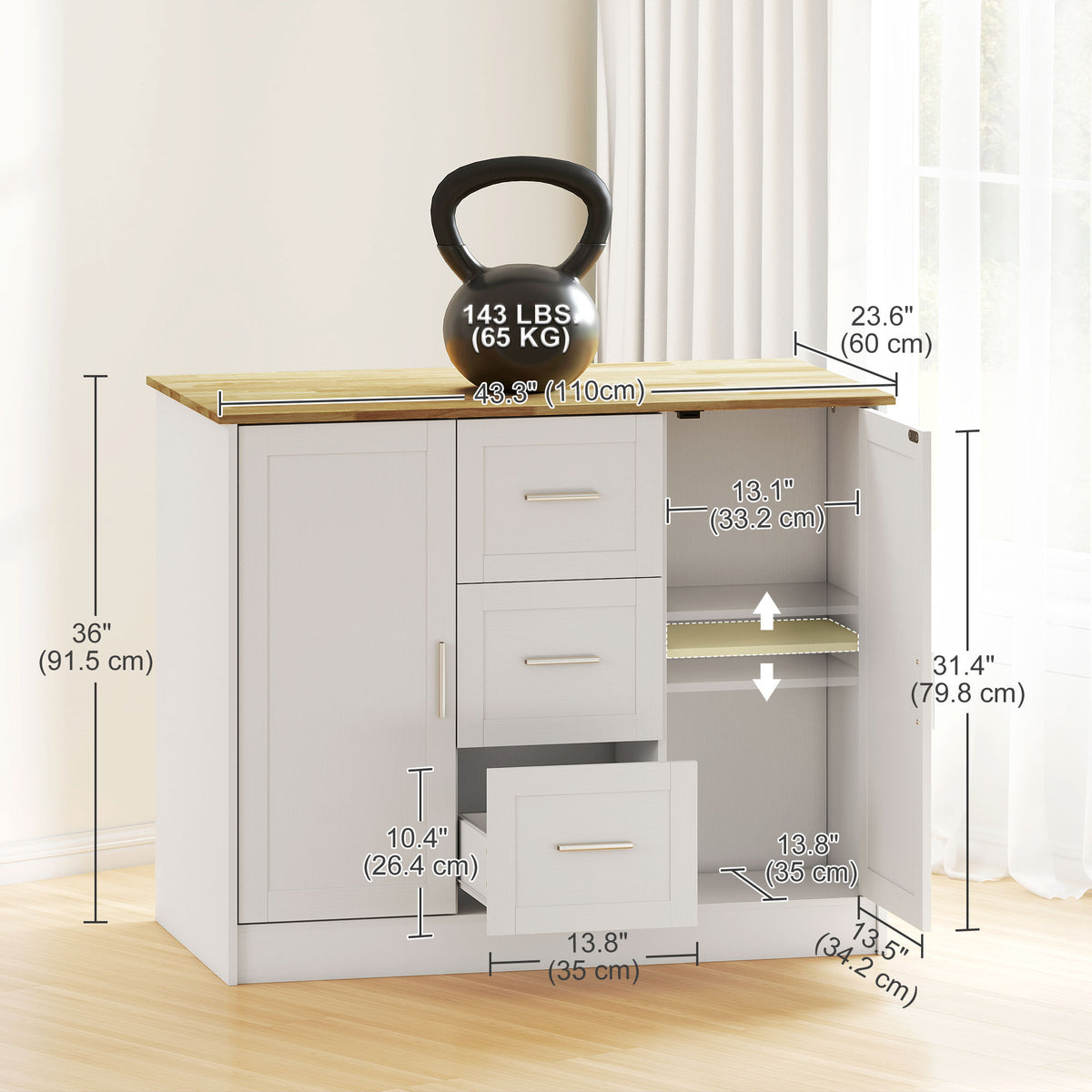 Kitchen Island with Storage Cabinets, 3 Drawers, 2 Adjustable Shelves and Sitting Space for Dining Room, White