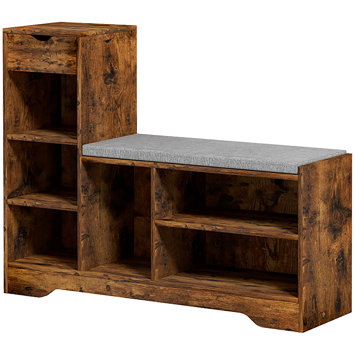 Upholstered Shoe Storage Bench w/ Seat, Entrance Bench w/ Drawer and 6 Open Shelves for Hallway, Grey – view 8
