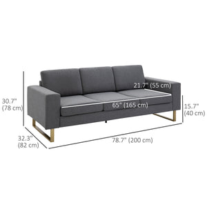 3 Seater Sofa, Linen Upholstered Cozy Padded Couch with Steel Leg, Backrest and Wide Armrest, for Living room, Bedroom, Dark Grey