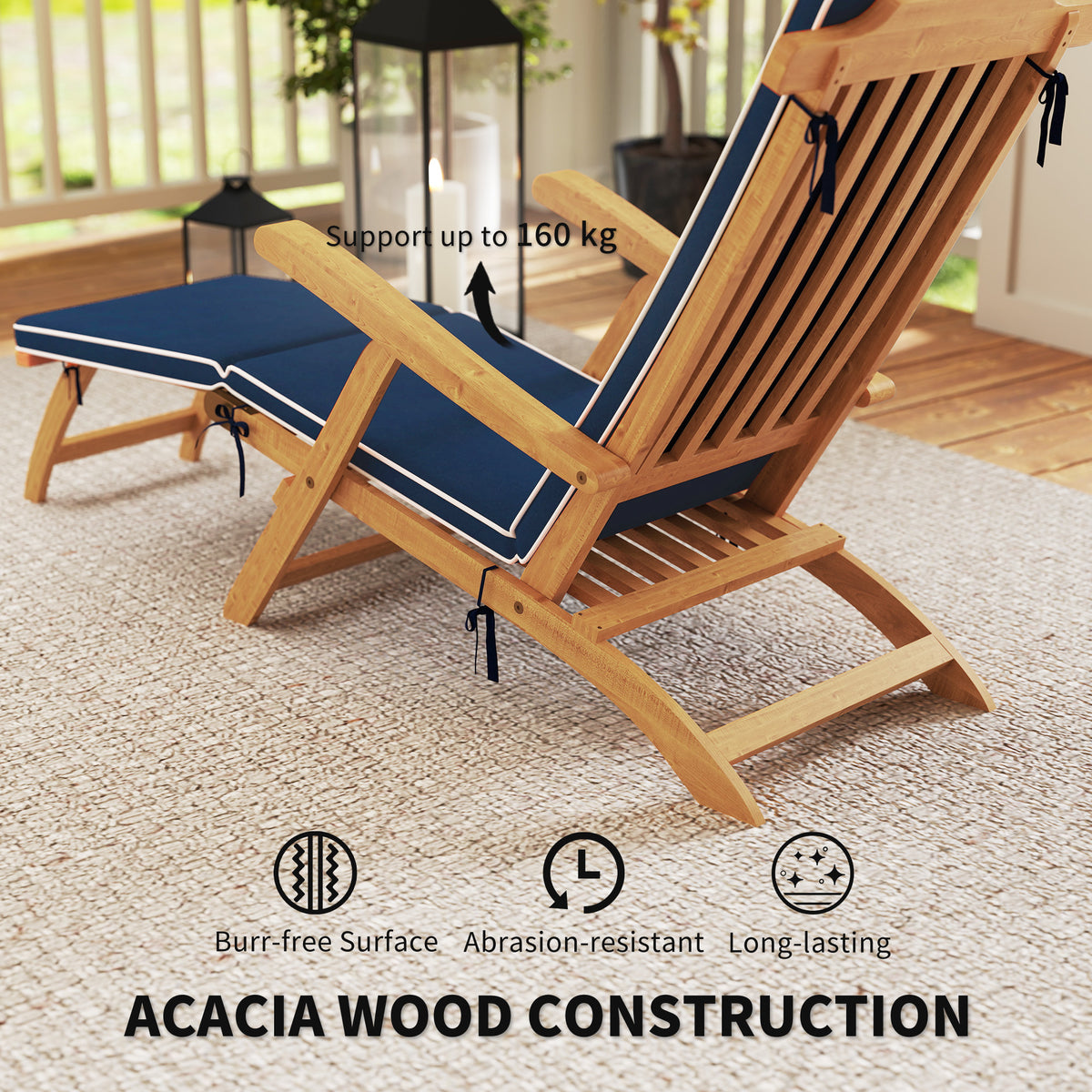 Folding Patio Lounge Chair with Padded Cushion, Acacia Wood Patio Lounger Recliner with Footrest for – view 5