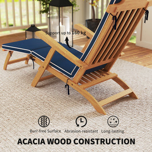 Folding Patio Lounge Chair with Padded Cushion, Acacia Wood Patio Lounger Recliner with Footrest for – view 5