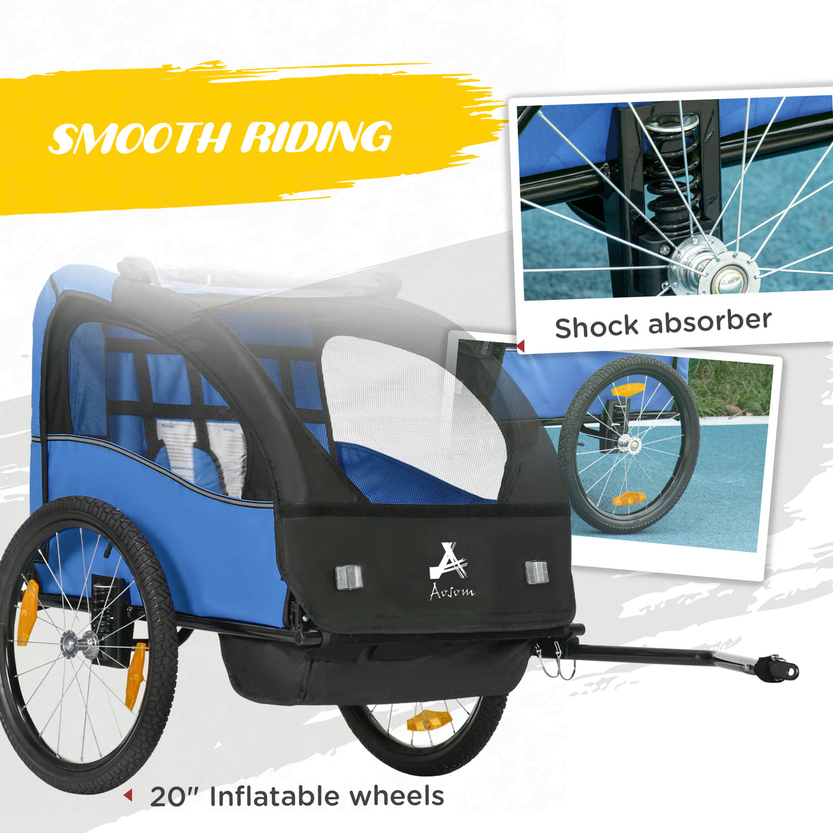 Aosom 2 Seat Bike Trailer for Kids, Baby Stroller with Storage Bag, 5 Point Harness, Bicycle Trailer with 20" Wheels