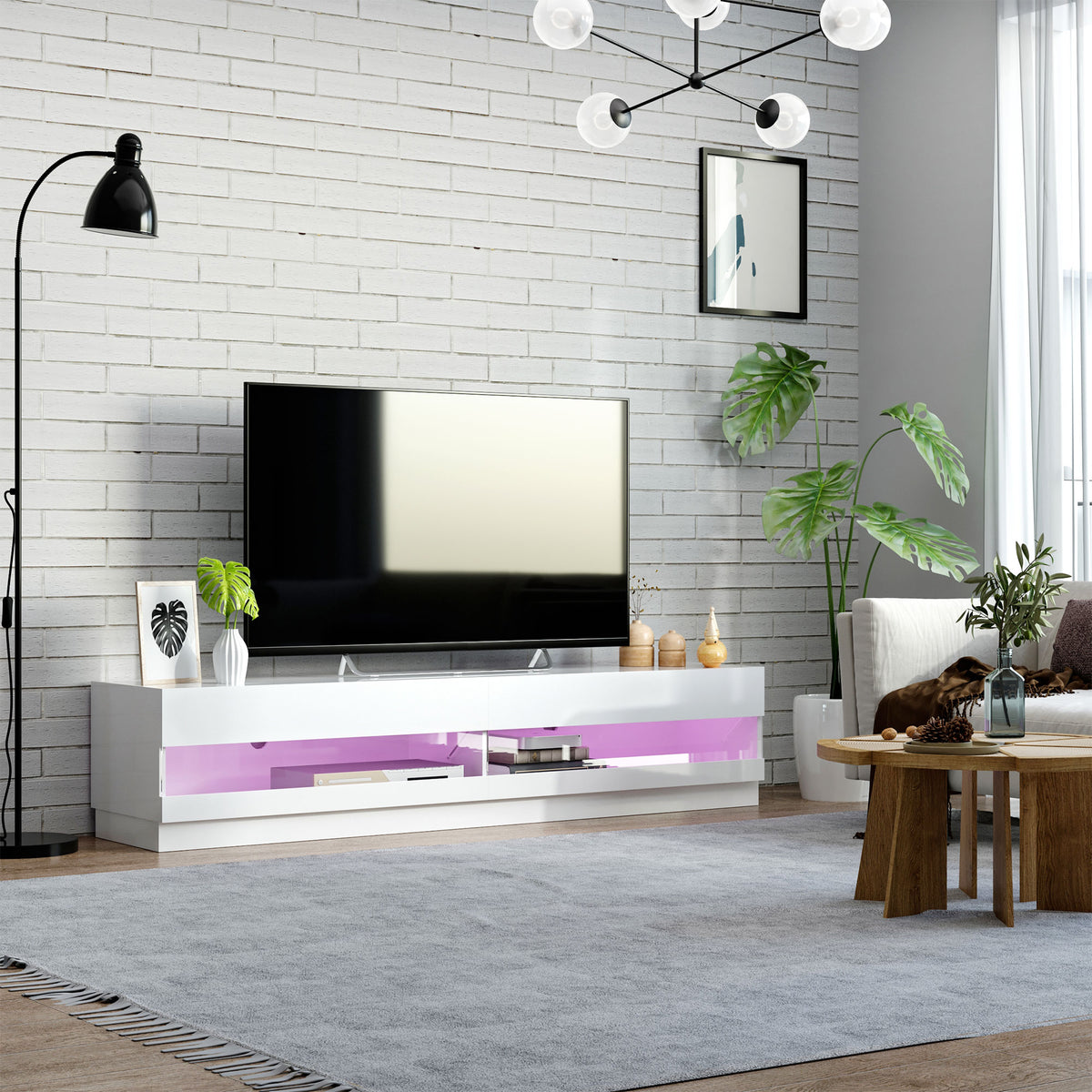 Lighted TV Stand for TVs up to 75", TV Cabinet with Storage for Living Room, High Gloss White – view 7