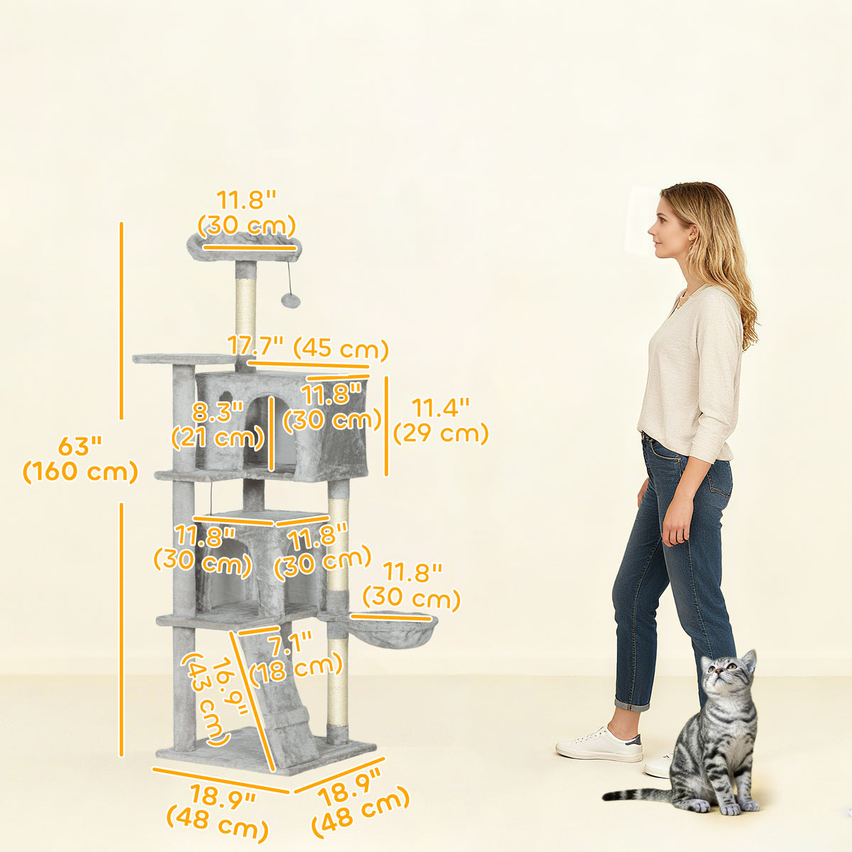 63 Inch Cat Tree with Sisal Scratching Posts, Condos, Plush Perches, Hammock, Ladder, Dangling Balls, Beige – view 16