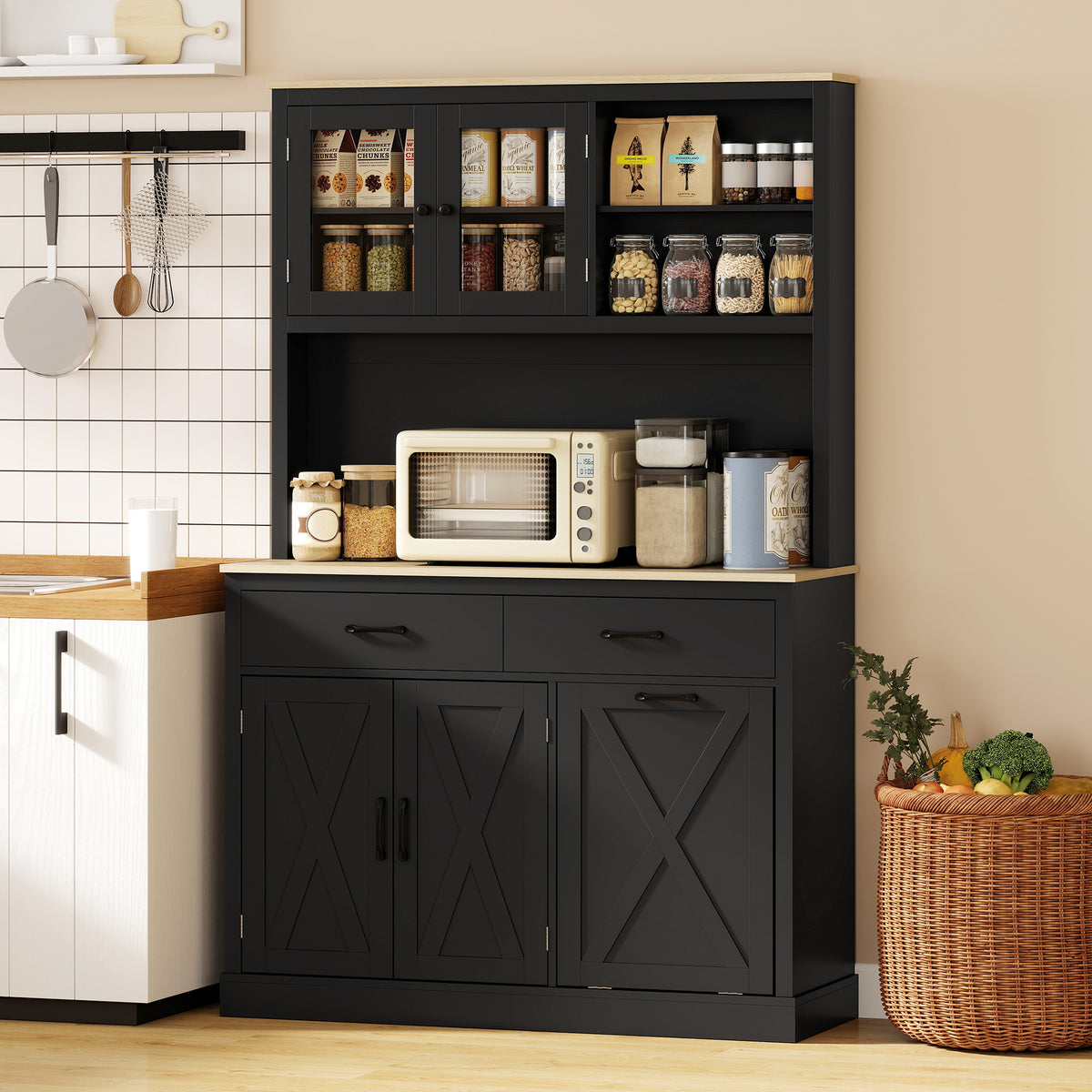 69" Kitchen Pantry Cabinet with Charging Station Kitchen Cabinet with Microwave Stand 7 Gallon Trash Can – view 7