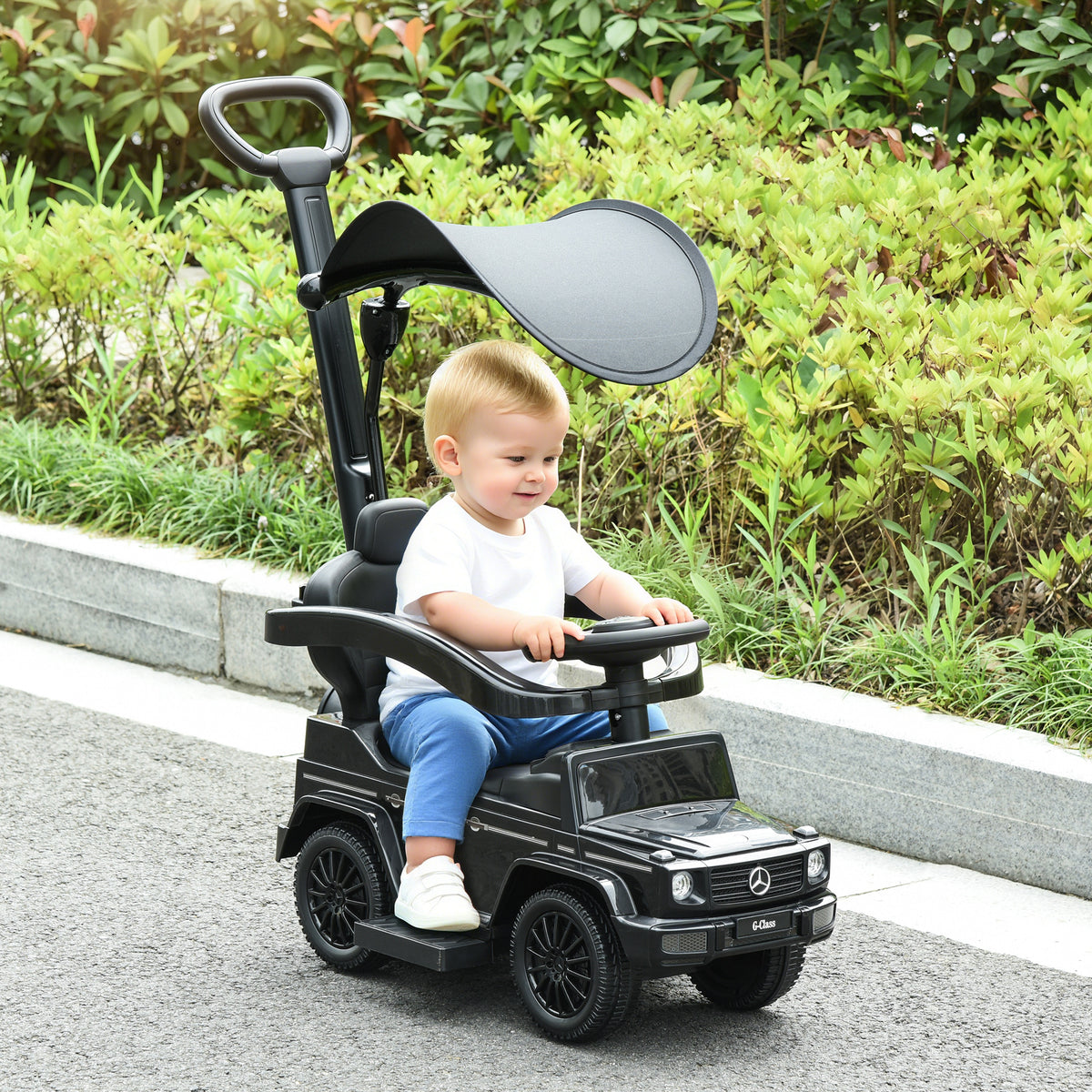 Aosom Mercedes-Benz G350 Licensed Push Car, 3-in-1 Toddler Sliding Car with Horn, Steering, Foot Rest, Seat Storage