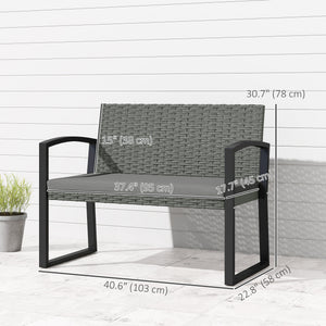 2 Seater Outdoor Bench, Rattan Garden Bench Loveseat with Cushion, Armrests, Steel Frame for Patio, Porch, Light Grey