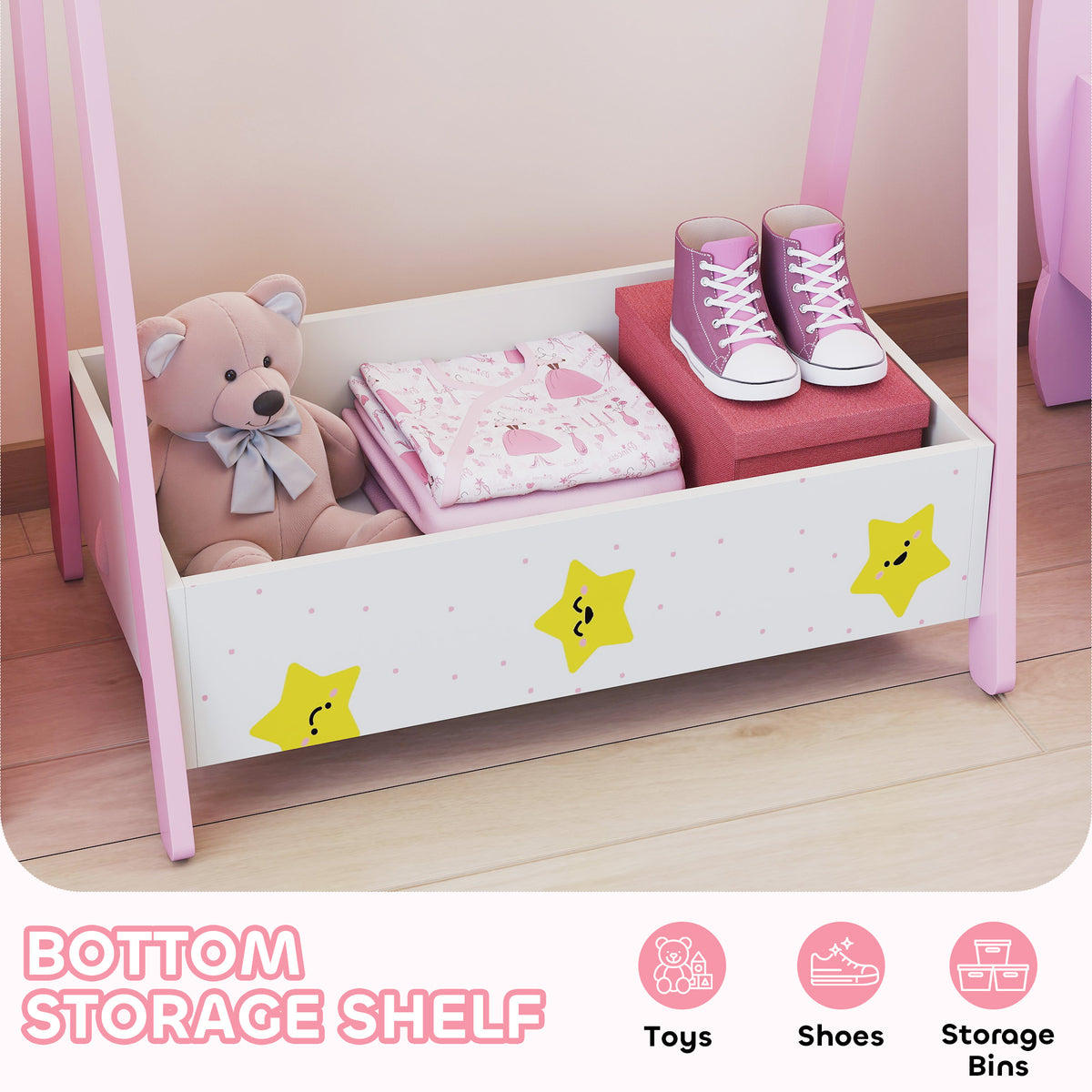 Qaba Kids Clothing Rack with Storage Shelf, Hangers, for Nursery Room, Living Room, Playroom