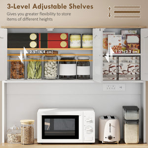 68" Pantry Cabinet with Charging Station, Storage Cabinet with Microwave Stand, 10 Gallon Trash Can Cabinet, White