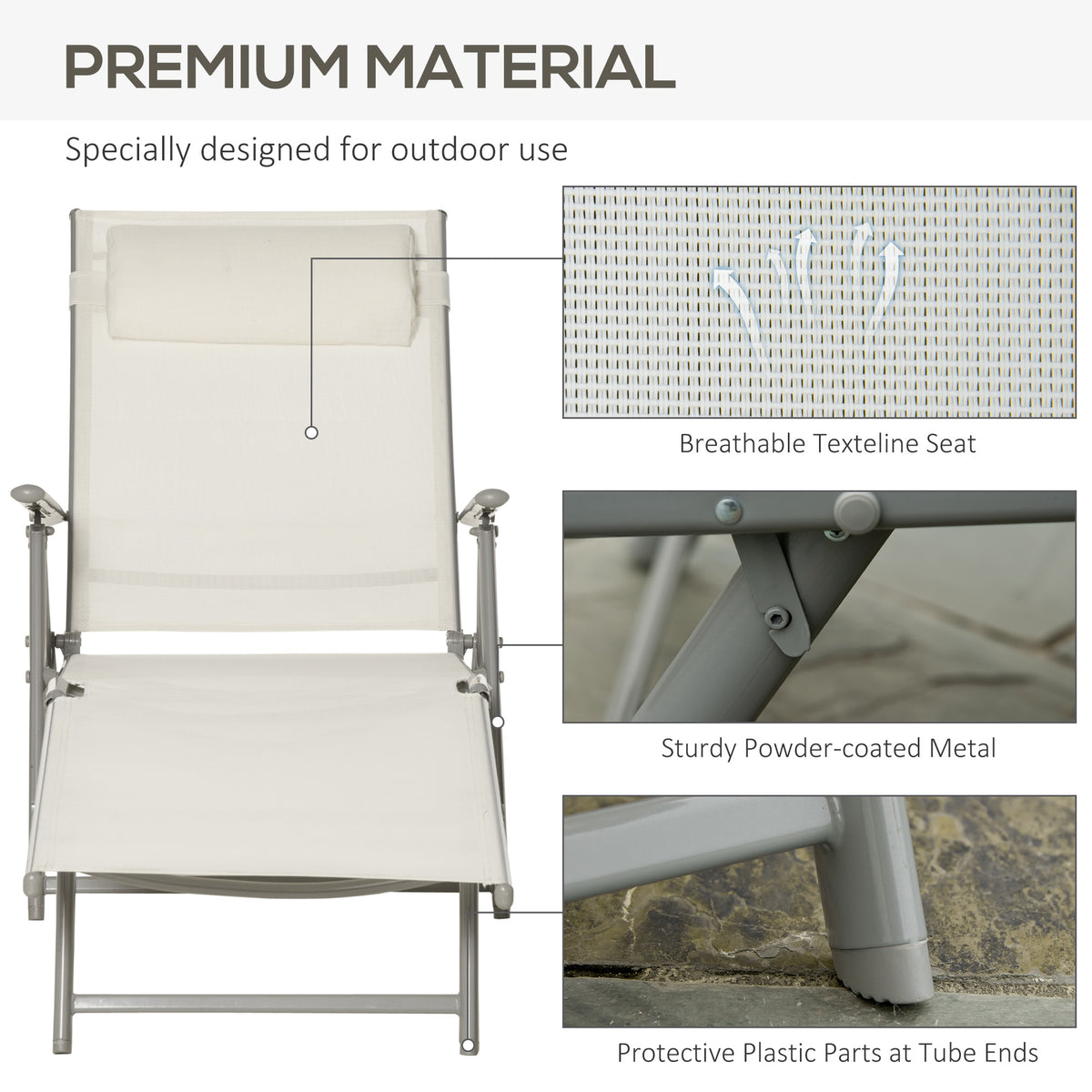 Lounge Chair Outdoor, Folding Patio Chaise Lounger, 360 lbs 7-Position Adjustable Back Outdoor Recliner with Cushion, Headrest for Garden, Backyard, Poolside, Cream White