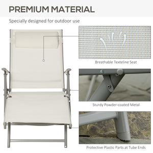 Lounge Chair Outdoor, Folding Patio Chaise Lounger, 360 lbs 7-Position Adjustable Back Outdoor Recliner with Cushion, Headrest for Garden, Backyard, Poolside, Cream White