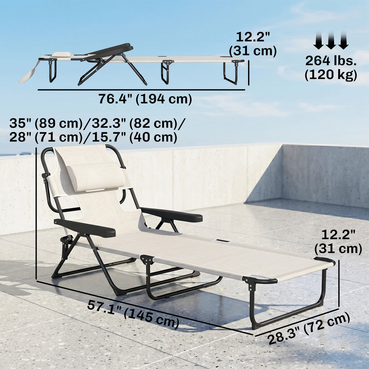 Folding Lounge Chair w/ Reclining Back, Cream White – view 2