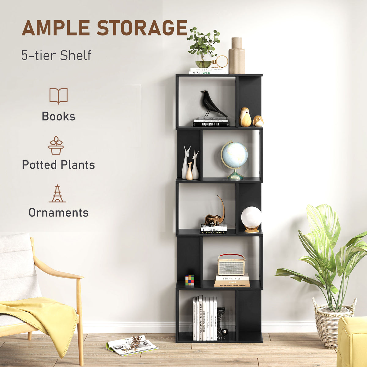5-Tier Geometric Bookshelf, S Shaped Bookcase, Modern Freestanding Display Shelf Unit for Home Office, Black