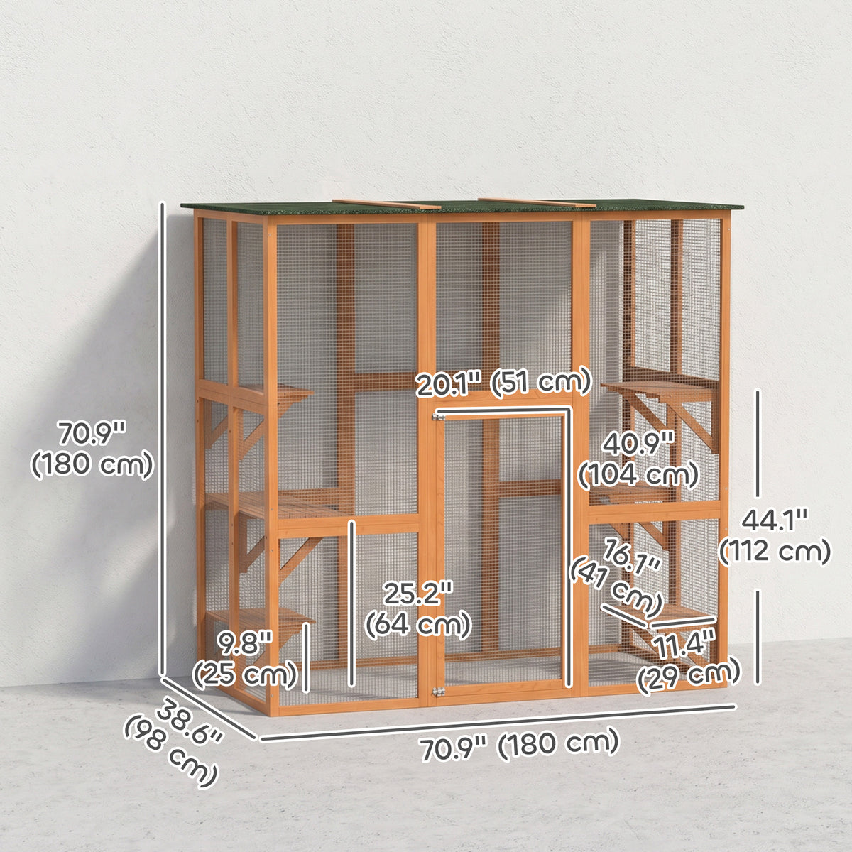 Large Outdoor Catio Enclosure, Weatherproof Cat House with Asphalt Roof,  Wooden Cat Patio Cage with 6 Balanced Platforms, 71" x 39" x 71", Grey