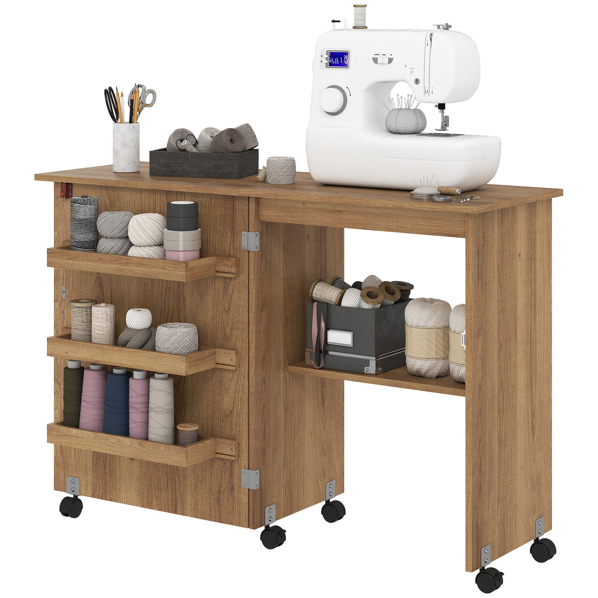 Sewing Machine Cabinet, Folding Sewing Table with Storage Shelf, Bins and Lockable Wheels for Small Space