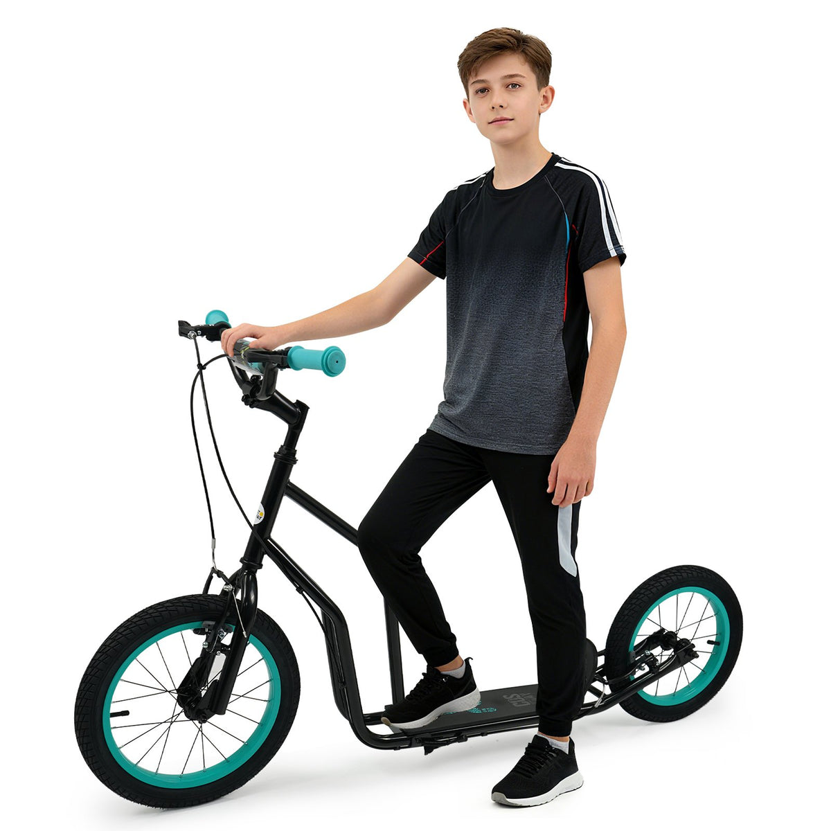 Youth Scooter with Adjustable Handlebar and 16/14-Inch Inflatable Wheels for Age 8+ Years Old-Black view 3