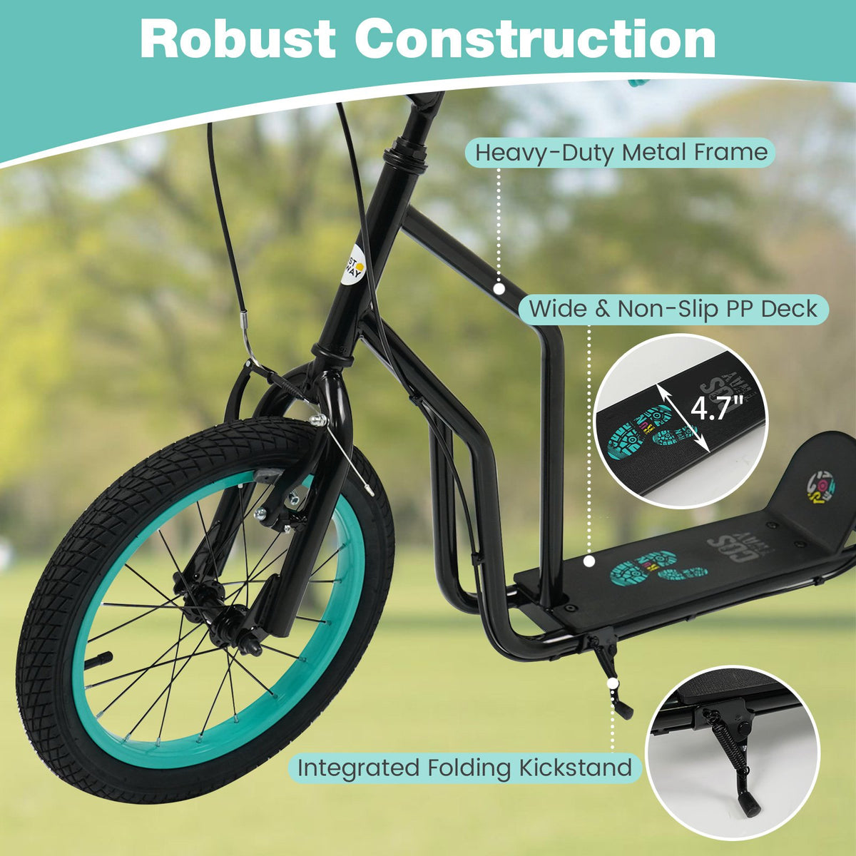 Youth Scooter with Adjustable Handlebar and 16/14-Inch Inflatable Wheels for Age 8+ Years Old-Black view 5