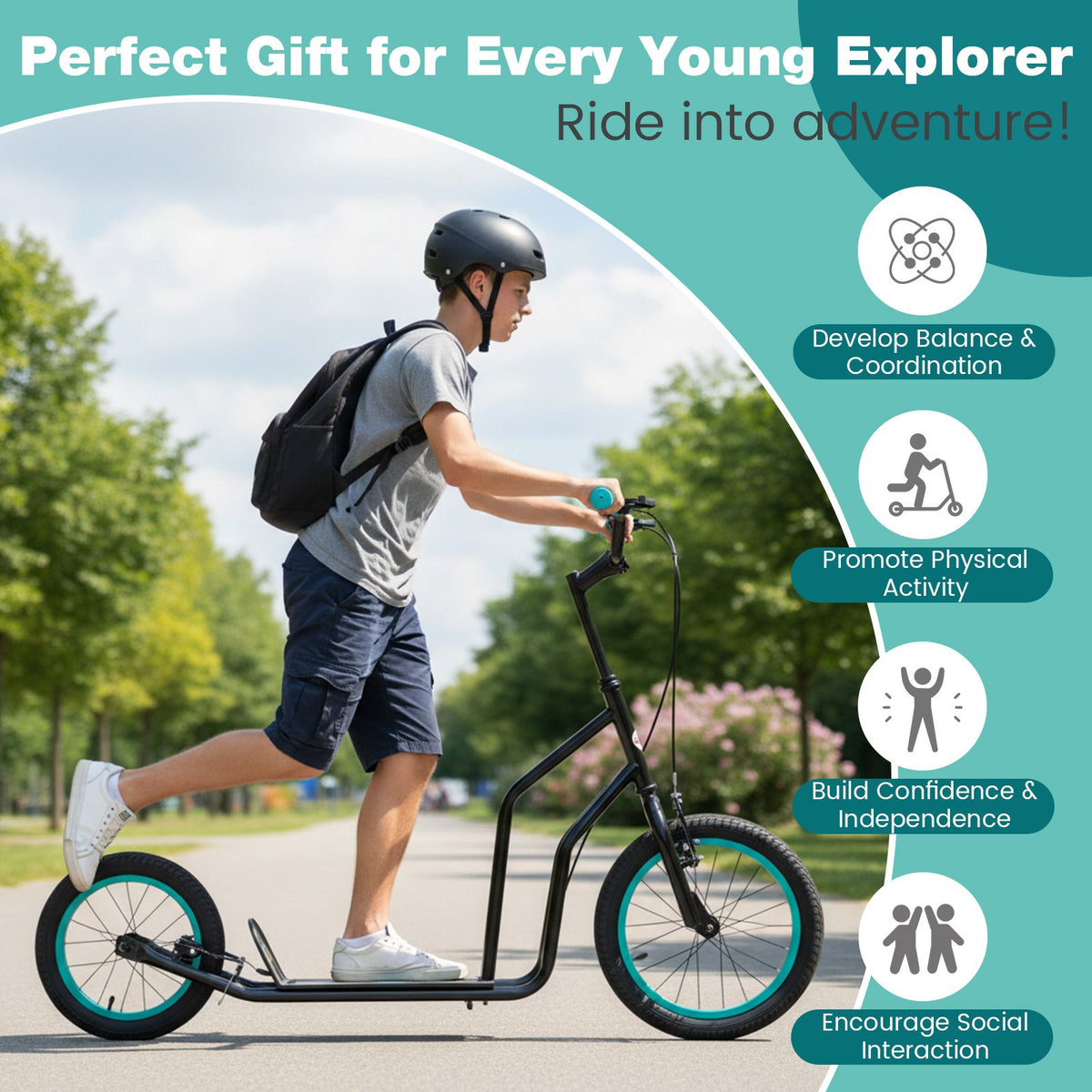 Youth Scooter with Adjustable Handlebar and 16/14-Inch Inflatable Wheels for Age 8+ Years Old-Black view 6