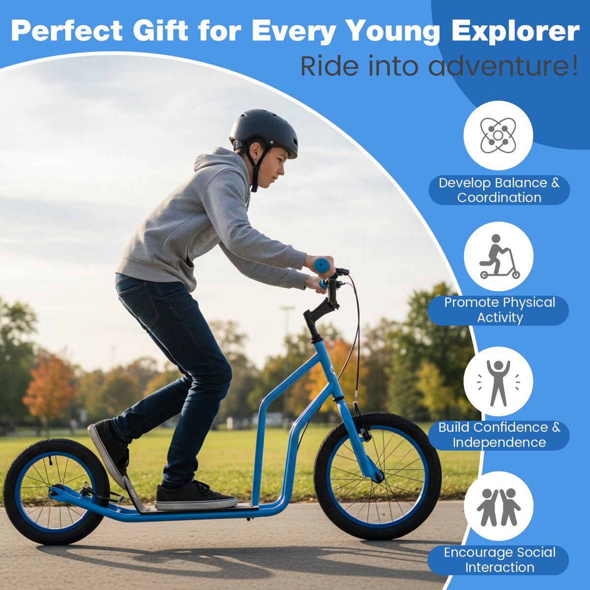 Youth Scooter with Adjustable Handlebar and 16/14-Inch Inflatable Wheels for Age 8+ Years Old-Blue view 6