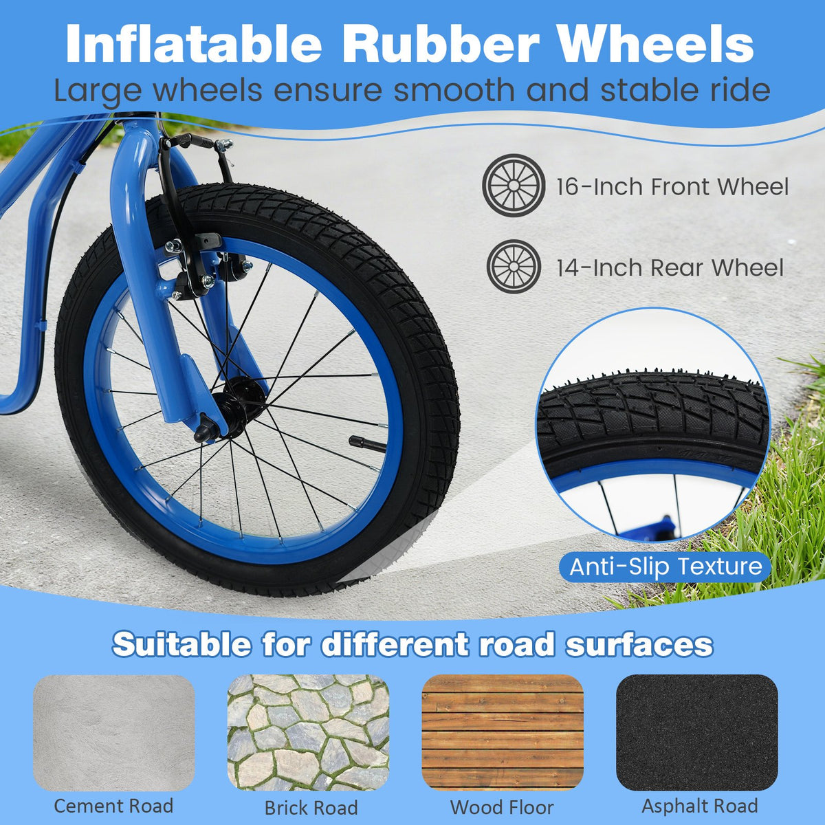Youth Scooter with Adjustable Handlebar and 16/14-Inch Inflatable Wheels for Age 8+ Years Old-Blue view 8