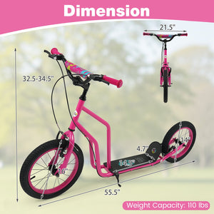 Youth Scooter with Adjustable Handlebar and 16/14-Inch Inflatable Wheels for Age 8+ Years Old-Pink view 4
