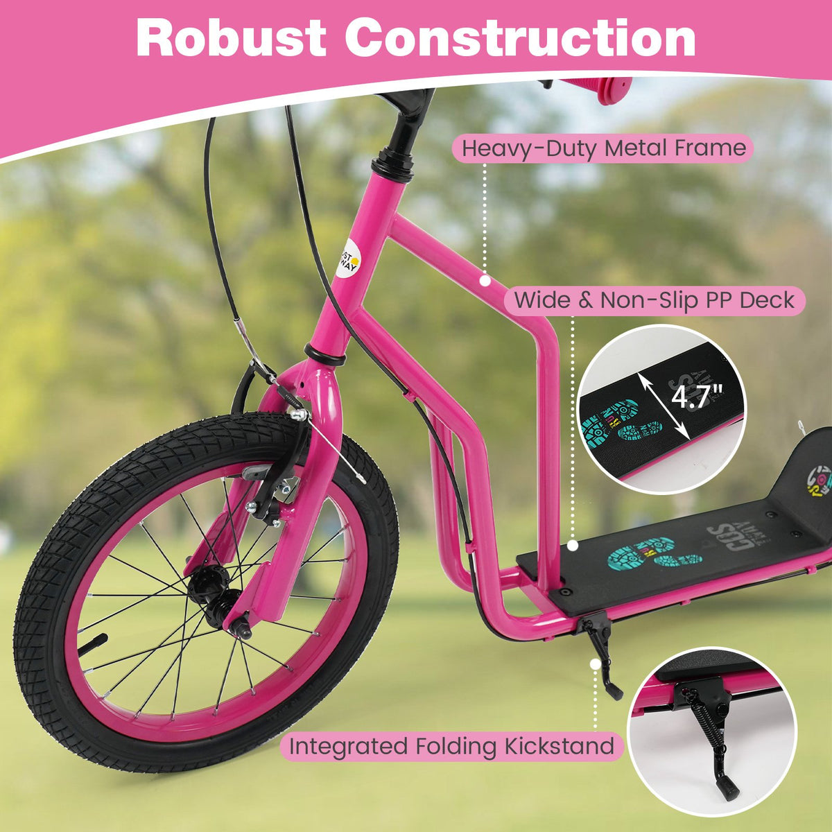 Youth Scooter with Adjustable Handlebar and 16/14-Inch Inflatable Wheels for Age 8+ Years Old-Pink view 5