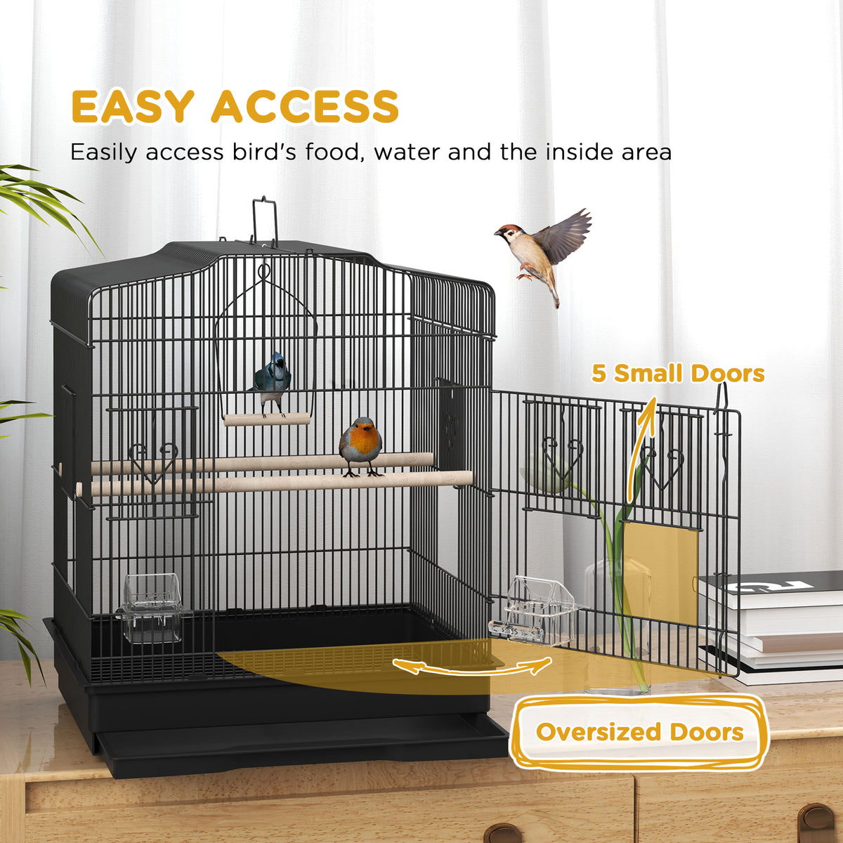 23" Bird Cage, Finches Canaries, Parrot Cage with Doors Perches, 2 Feeder Pet Supplies, Black