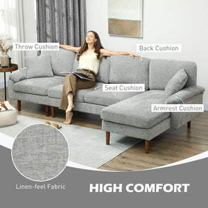 L-Shape Sofa, Modern Sectional Couch with Changeable Chaise Lounge, Pillows and Wooden Legs for Living Room, Grey