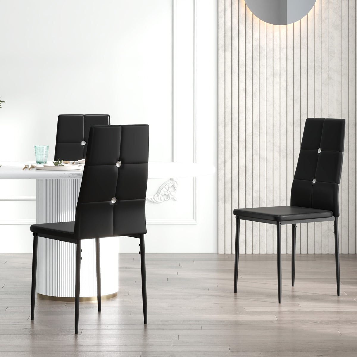 Set of 6 Button Tufted Back Side Chairs with Upholstered Seat, Steel Legs for Living Room, Kitchen, Bedroom, Black