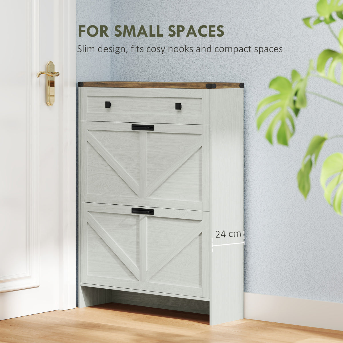 Narrow Shoe Storage Cabinet, Farmhouse Shoe Cabinet with 2 Flip Drawers, 1 Drawer, 12 Pairs for Entryway, White