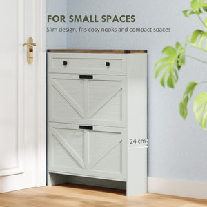 Narrow Shoe Storage Cabinet, Farmhouse Shoe Cabinet with 2 Flip Drawers, 1 Drawer, 12 Pairs for Entryway, White