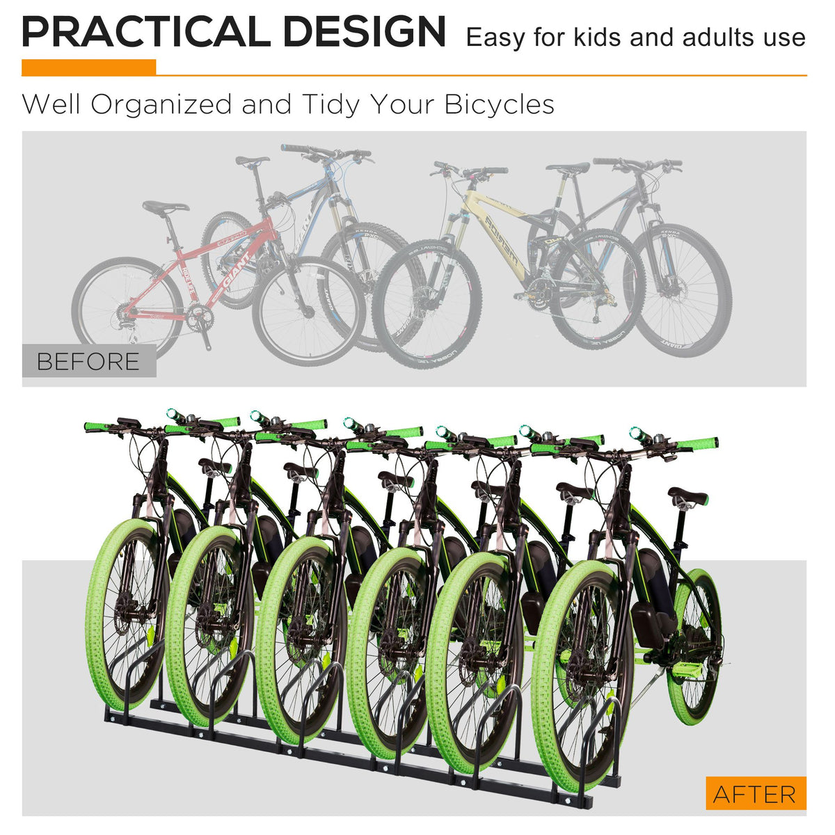 6-Bike Bicycle Floor Parking Rack Cycling Storage Stand Ground Mount Garage Organizer for Indoor and Outdoor Use Black