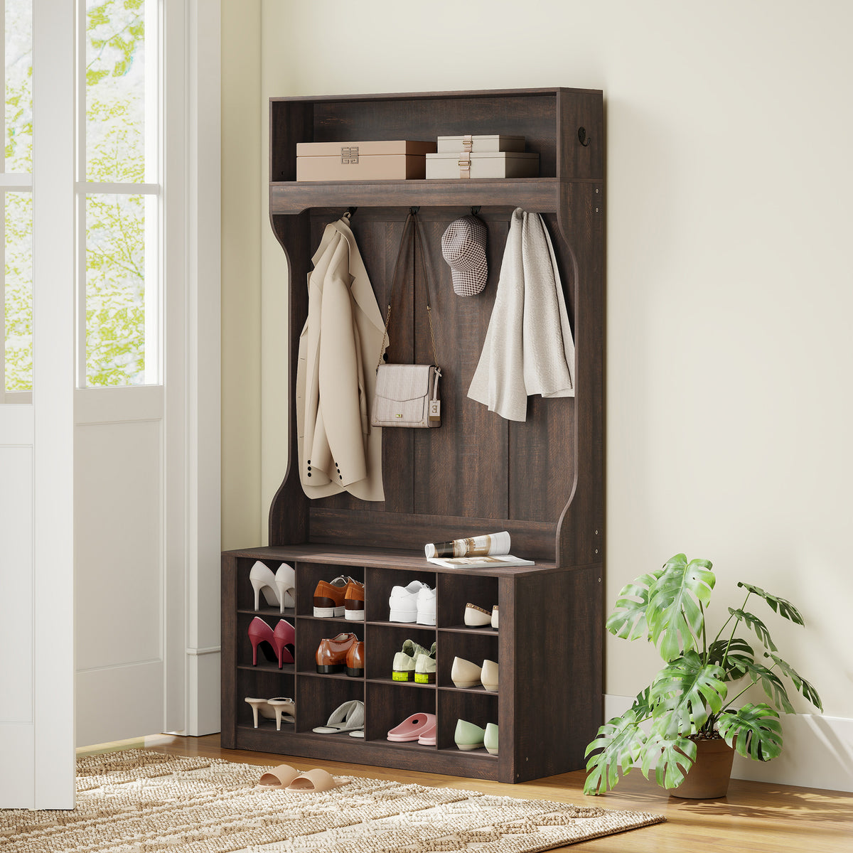 4-In-1 Hall Tree with Bench and Shoe Storage, Farmhouse Coat Rack Shoe Bench with 12 Shoe Cubbies, 6 Hooks – view 6