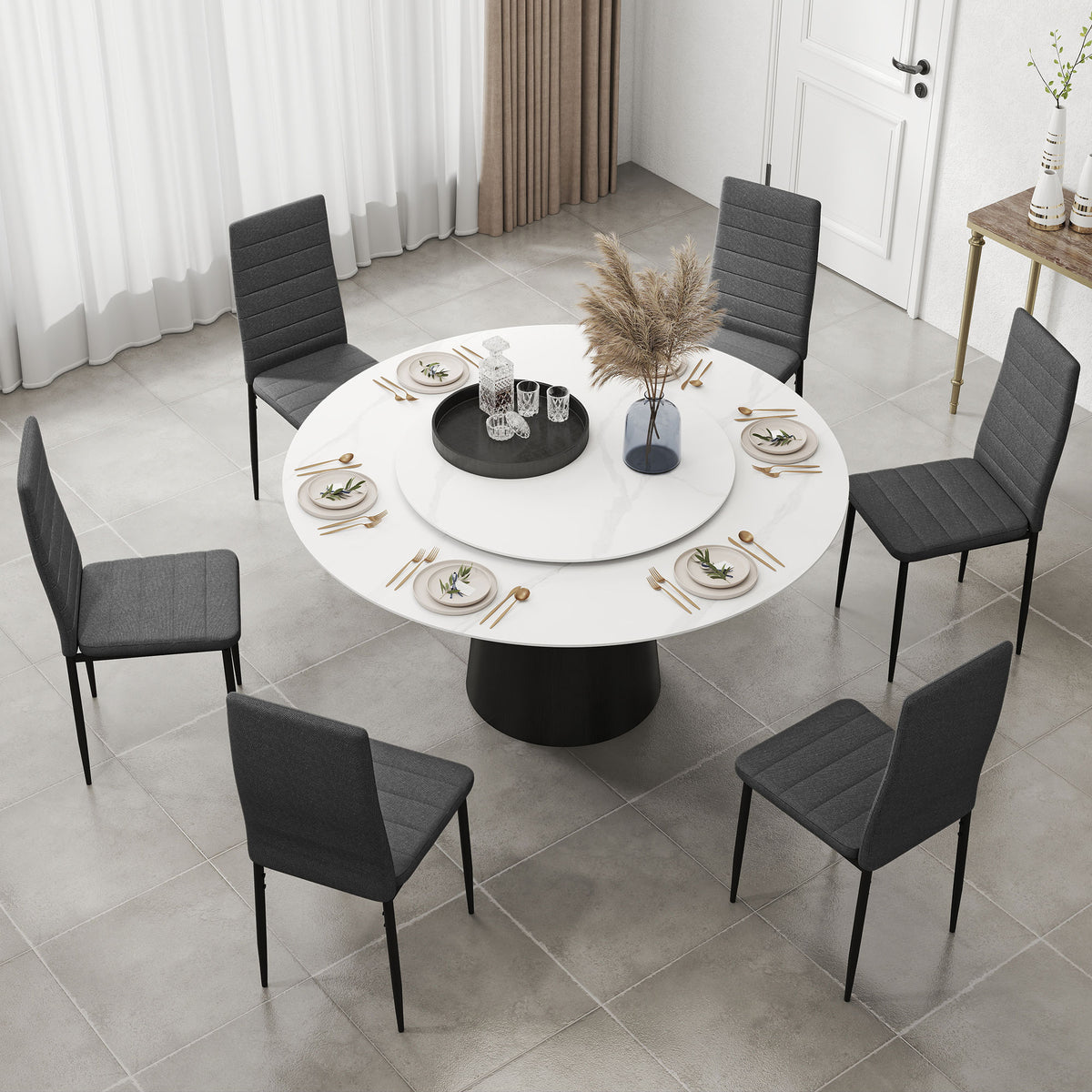 Modern Dining Chairs, Set of 6, High Back Linen Fabric Upholstery and Metal Legs for the Living Room, Home, Grey