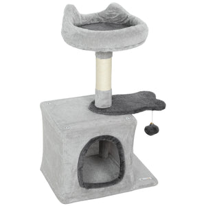 28" Cat Tree Tower with Plush Top Bed, Cozy Condo, Sisal Scratching Post, Perch, Dangling Ball, Beige and Yellow