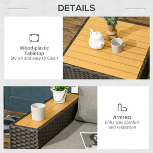 6 Pieces Outdoor Rattan Patio Furniture Set with Corner Sofa, Wood-Plastic Coffee Table, Light Grey