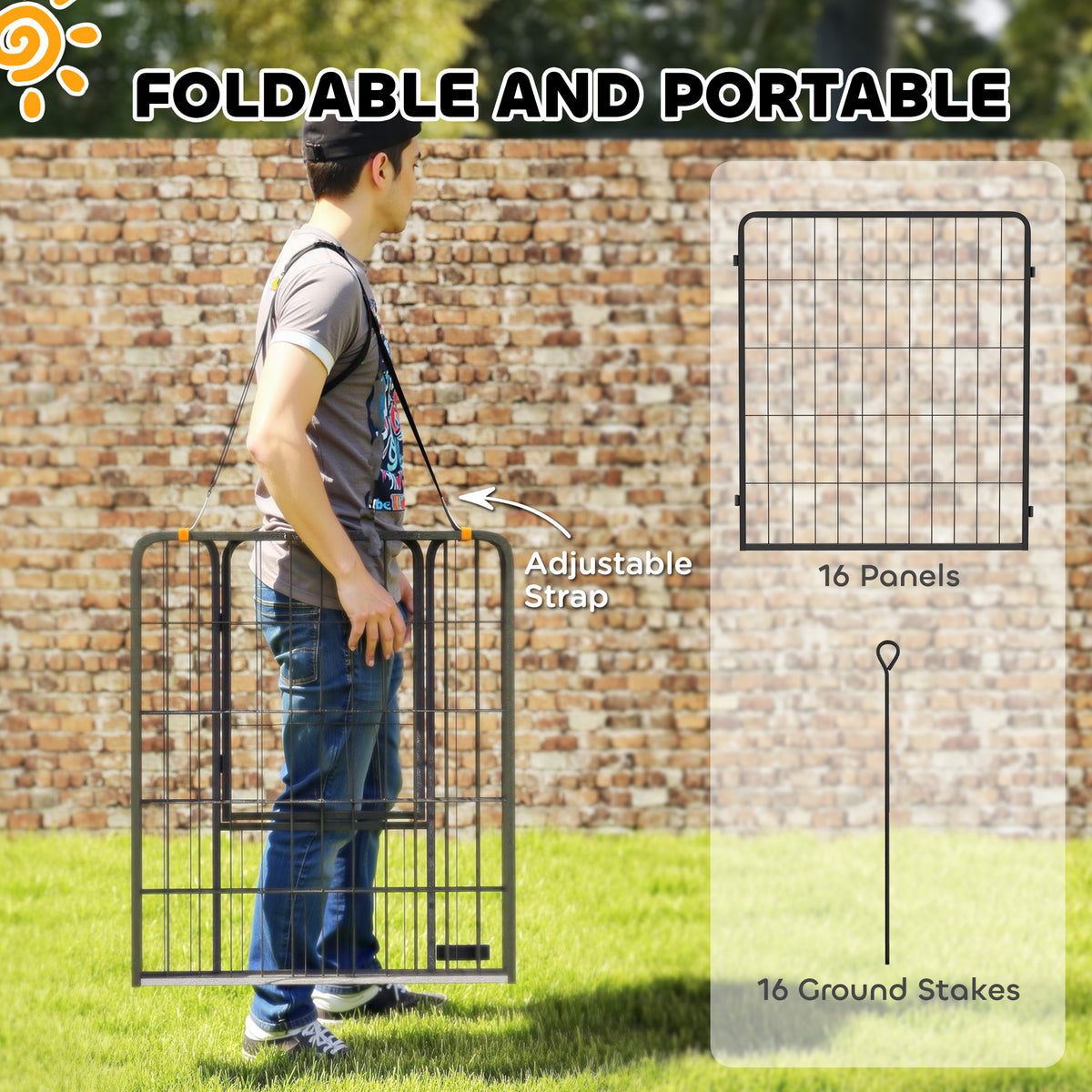 16 Panels Dog Playpen with Straps, Portable & DIY, for Small Dogs, for Yard, RV, Camping, Garden, 24" Height