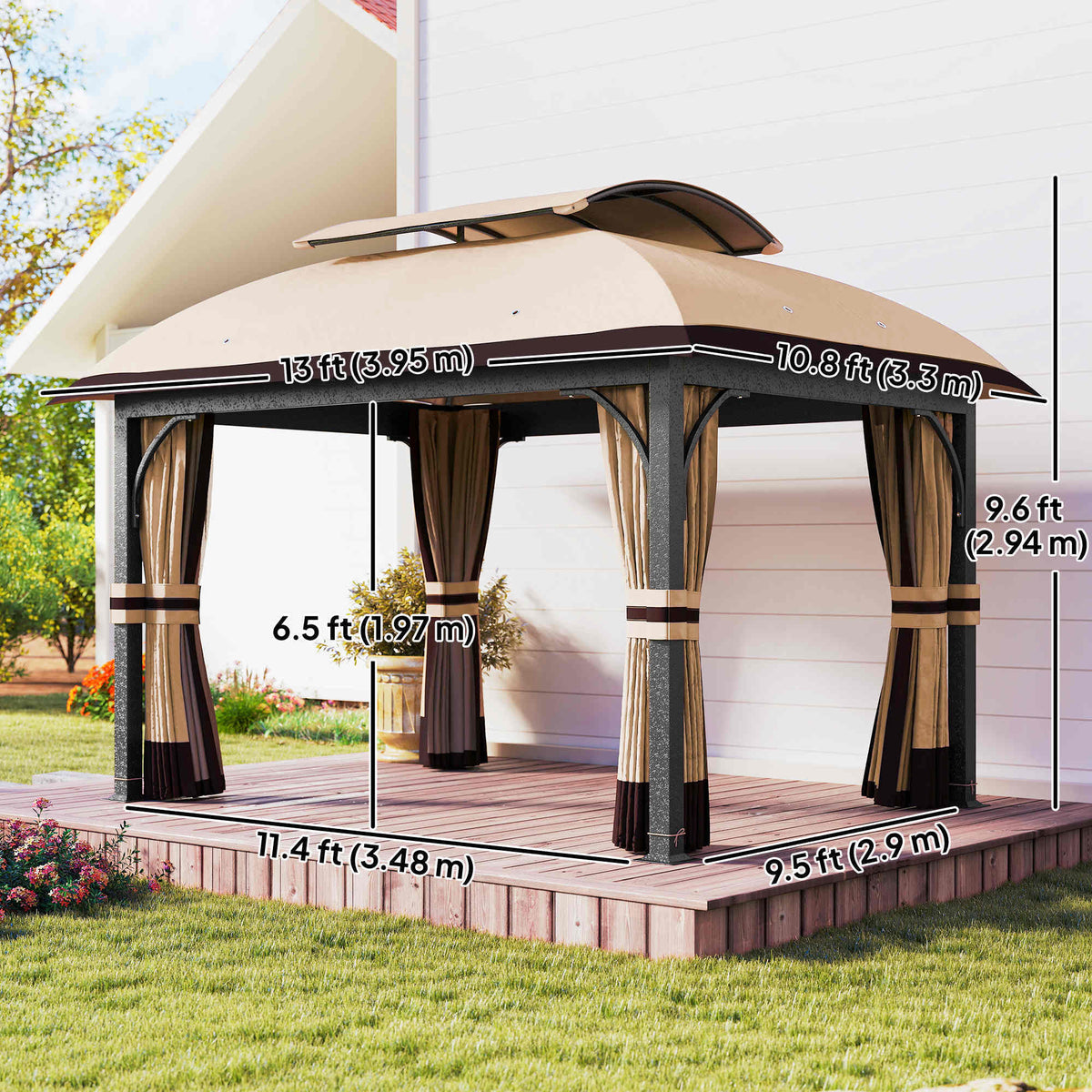11' x 13' Patio Gazebo, Double Roof Outdoor Gazebo Canopy with Netting & Curtains, Galvanized Metal Frame, Khaki