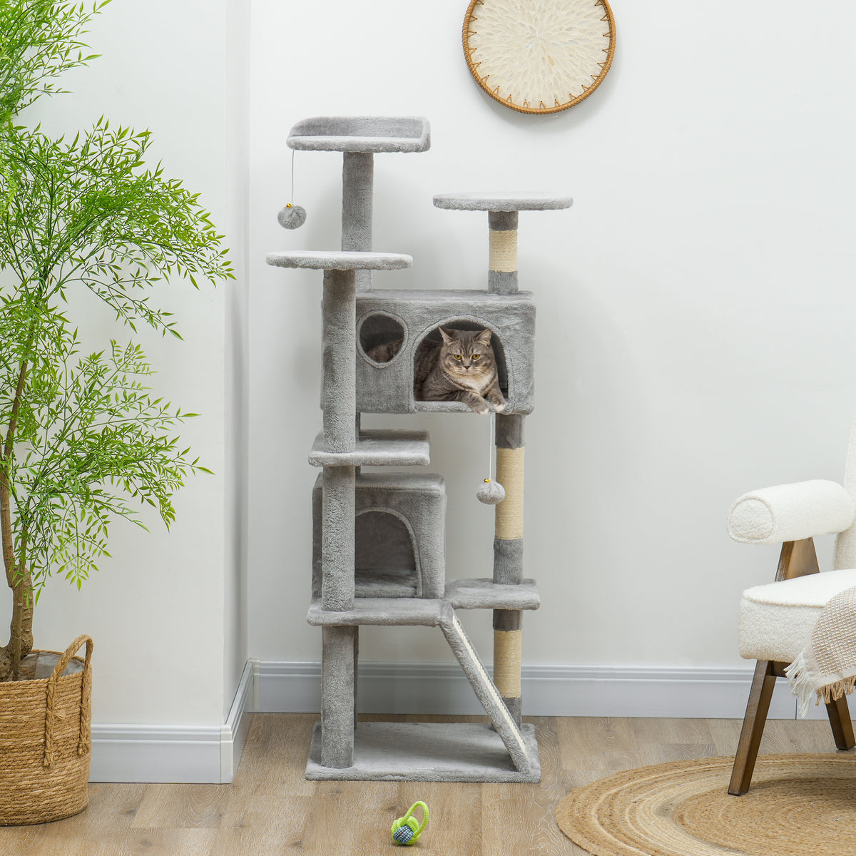 54" Cat Tree, Multi-Level Cat Tower with Scratching Posts, Cat Condos, Bed, Platforms, Ramp, Toy Ball, Beige – view 35