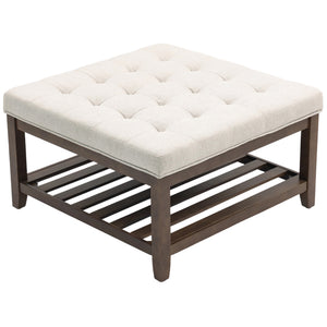 Ottoman Coffee Table, 32 Inch Square Footrest Ottoman with Storage, Linen Upholstered Tufted Footstool, Beige