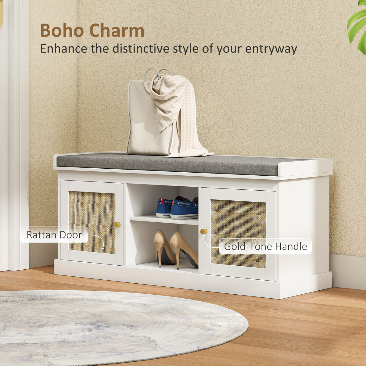 Shoe Bench with Padded Cushion, Boho Entryway Bench with Rattan Doors and Adjustable Shelves, Holds 9 Pairs, White