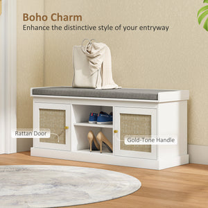 Shoe Bench with Padded Cushion, Boho Entryway Bench with Rattan Doors and Adjustable Shelves, Holds 9 Pairs, White