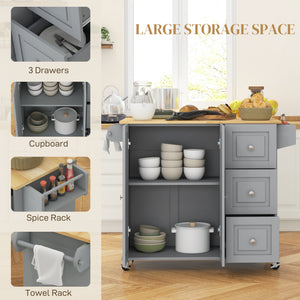 Kitchen Island on Wheels, Kitchen Cart with Drop Leaf, Drawers, Grey – view 3
