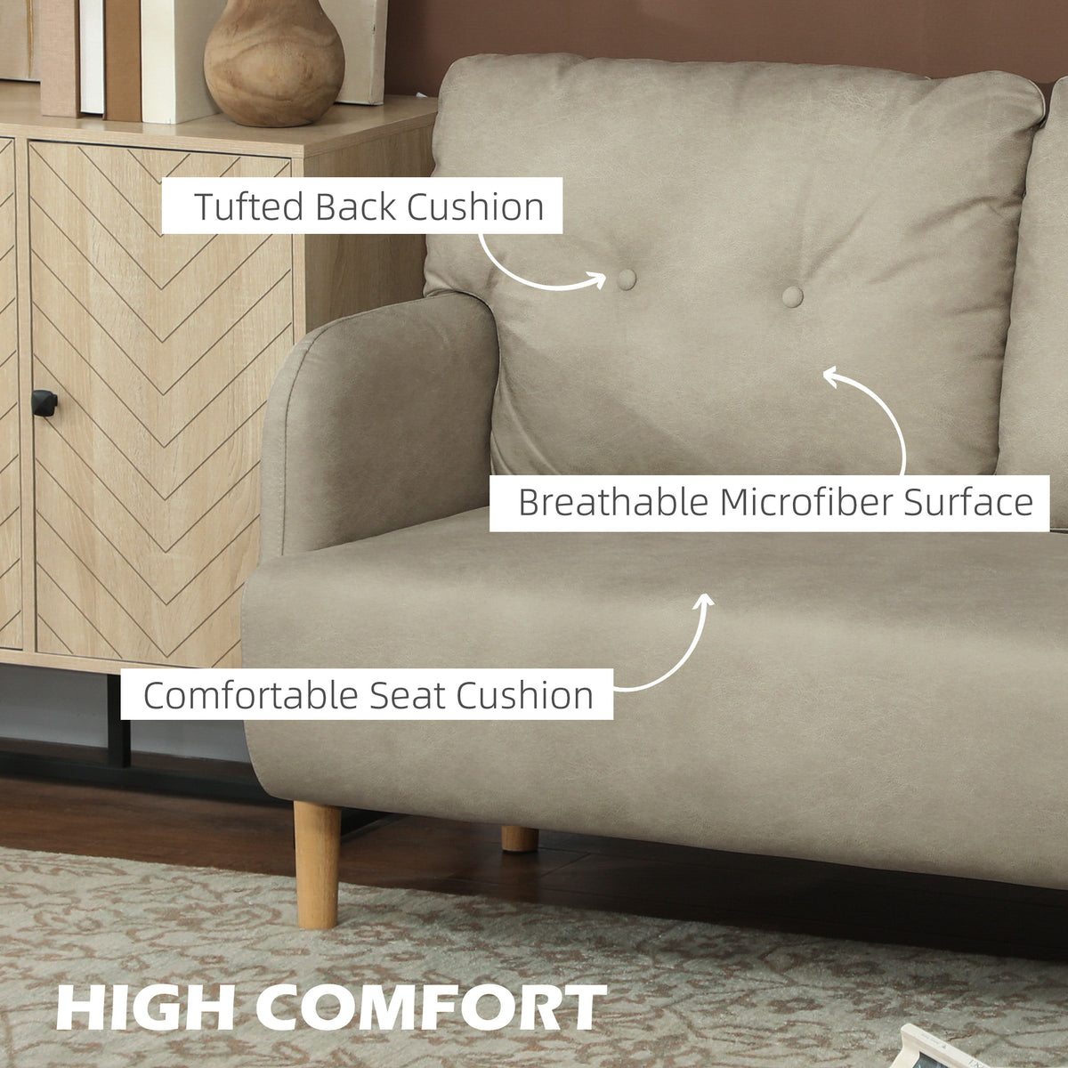 58" 2 Seat Sofa, Modern Love Seats Furniture, Upholstered 2 Seater Couch, Solid Wood Frame, Beige – view 4